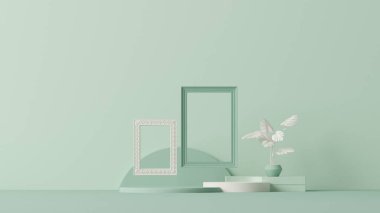 Geometrik şekiller, podyumlar ve pastel mavi ve bej arkaplanlı çerçeve. Sosyal medya afişleri, promosyon, kozmetik ürün fuarı için 3D moda hazırlama.