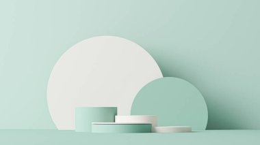 Geometrik şekilleri, podyumları ve pastel mavi arka planda çerçevesi olan en küçük sahne. Sosyal medya afişleri, promosyon, kozmetik ürün fuarı için 3D moda hazırlama.