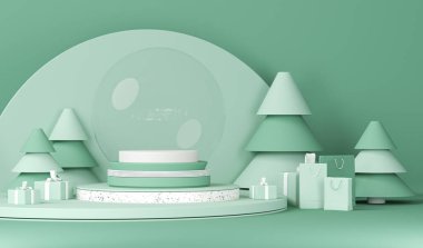 Platformlu kar küresi, gece yarısı yeşili, pastel mavi ve beyaz şekiller, toplar ve iğneler. Podyum, Noel kış kapağı sahnesi ve dergiler, poster, afiş. 3d oluşturma