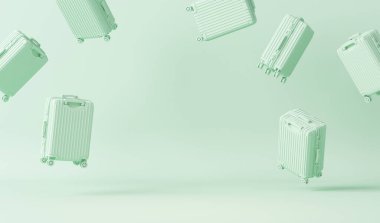 Bir sürü bagaj çantası, pastel yeşil arka planda kabin bagajı, seyahat eden yaz konsepti. Şık bir tatil çantası, pastel renkler, turist arka planı, metin için yer, 3D resim. Turizm kavramsal tasarım