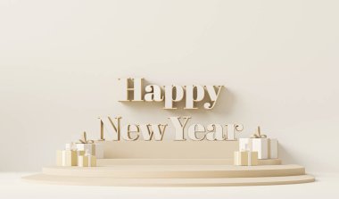 Kürsüsü, hediye kutusu ve pastel arka planı olan en küçük sahne. Mutlu yıllar 2021 kavramı. 3D numaralar 2021 ve metin mektubu, poster, afiş, kapak kartı, broşür, stüdyo, maket. 3d oluşturma