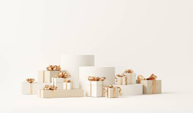 Kürsüsü, hediye kutusu ve pastel arka planı olan en küçük sahne. Tatil posteri, afiş, kapak kartı, broşür, stüdyo, maket. 3d oluşturma