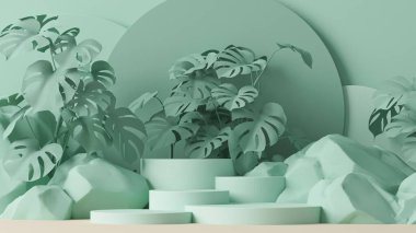 Podyum, tropikal palmiyeler, canavar yaprakları ve soyut arkaplan sahneleri. Pastel krem ve bej renkli sahneler. Sosyal medya afişleri, promosyon, kozmetik ürün fuarı için 3D moda hazırlama.