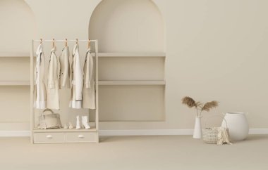 Giysiler arka planda, raf arka planda. Tarafsız bej rengi bir askıda asılı kıyafet koleksiyonu. 3D görüntüleme, depolama ve oda konsepti