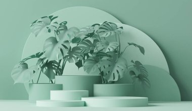 Podyum, tropikal palmiyeler, canavar yaprakları ve soyut arkaplan sahneleri. Pastel krem ve bej renkli sahneler. Sosyal medya afişleri, promosyon, kozmetik ürün fuarı için 3D moda hazırlama.