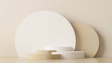 Taş, kaya, podyum, tropikal palmiyeler, canavar yaprakları ve soyut arkaplan içeren en küçük sahne. Pastel krem ve bej renkli sahneler. Sosyal medya afişleri, promosyon ve ürün için 3D moda hazırlama.