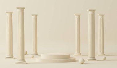 Antik Yunan tarzında podyum kaidesi. Pastel krem ve mermer sütunlu ve klasik sütunlu beyaz oda. Sosyal medya, promosyon, kozmetik ürün fuarı için 3D modaName.