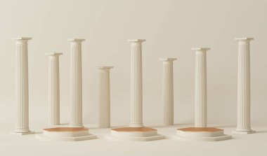 Antik Yunan tarzında podyum kaidesi. Pastel krem ve mermer sütunlu ve klasik sütunlu beyaz oda. Sosyal medya, promosyon, kozmetik ürün fuarı için 3D modaName.