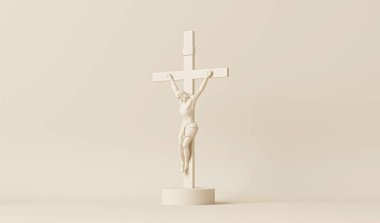 Çarmıha gerilmiş İsa heykeli. Din, inanç ve umut. Kutsal ve kutsal yerler. 3D görüntüleme. Pastel bej renk sahnesi