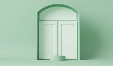 Podyum ve kapı konsepti tek renkli, mavi renkli. Kopyalama alanı olan ışık arkaplanı. Web sayfası, sunum veya resim çerçevesi arkaplanı için 3B hazırlama, minimalist