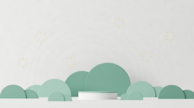 Podyum ve soyut arkaplanı olan en küçük sahne. Pastel mavi ve beyaz renkler. Sosyal medya afişleri, tanıtım ve kozmetik ürünler için 3D moda. Geometrik şekiller iç kısımda.