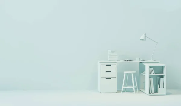 浅蓝色单色最小的写字台 最小的概念学习台和工作空间 模型模板 3D渲染 — 图库照片