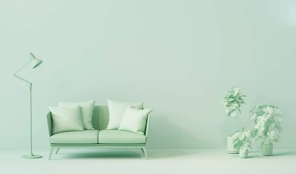 ソファ 床ランプ 鉢植えとプレーンモノクロームのパステルグリーンの色で最小限のリビングルームのインテリア ウェブページ プレゼンテーション または背景の3Dレンダリング — ストック写真