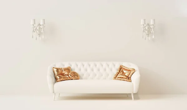 Luxury room with white sofa, gold pillow and vintage wall lamp .Light background with copy space. 3D rendering for web page, presentation or social media