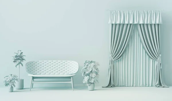 Minimalistische Woonkamer Interieur Effen Monochroom Pastel Blauwe Kleur Met Gordijn — Stockfoto