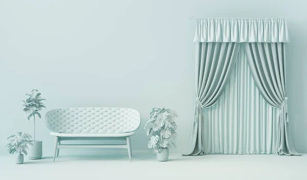 Minimalist oturma odası. Sade, tek renkli, mavi renkli, perdeli, kanepeli, saksıda bitki. Web sayfası, sunum veya arkaplan için 3B hazırlama.