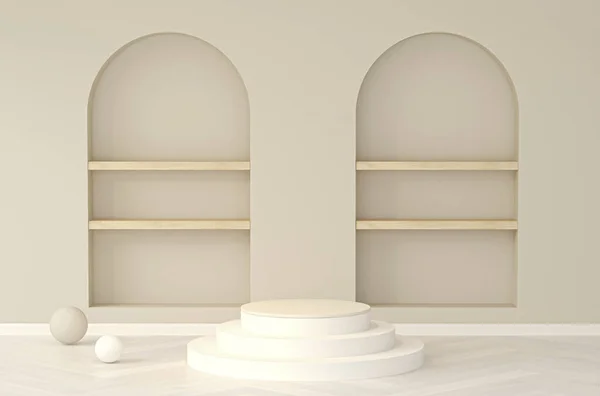 Duvarında ahşap raf ve podyum olan en küçük sahne. Pastel krem ve bej renkli sahneler. Sosyal medya, promosyon, kozmetik ürün şovu, stüdyo için 3D moda. Geometrik şekiller iç kısımda.