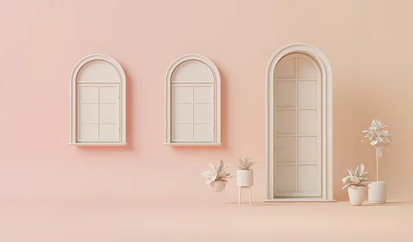 Beyaz kapı, pencere ve bitki konsepti tek renkli pembe renkte. Kopyalama alanı olan ışık arkaplanı. Web sayfası, sunum veya resim çerçevesi arkaplanı için 3B hazırlama, minimalist