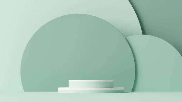 Yuvarlak podyumlu ve soyut arkaplanlı minimal sahne. Pastel yeşil ve beyaz renkler sahnesi. Sosyal medya afişleri, tanıtım ve kozmetik ürünler için 3D moda. Geometrik şekiller iç kısımda.