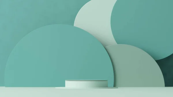 Minimal scene with round podium and abstract background. Pastel green and white colors scene. Trendy 3d render for social media banners, promotion, cosmetic product show. Geometric shapes interior.