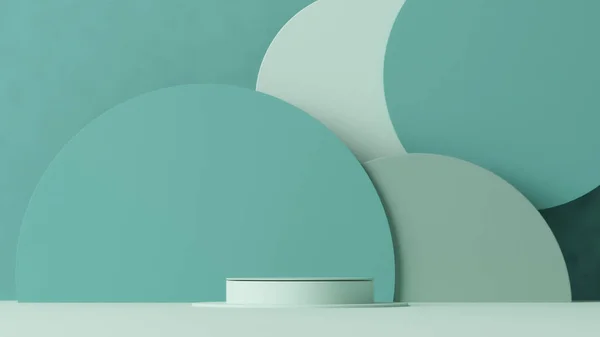 Yuvarlak podyumlu ve soyut arkaplanlı minimal sahne. Pastel yeşil ve beyaz renkler sahnesi. Sosyal medya afişleri, tanıtım ve kozmetik ürünler için 3D moda. Geometrik şekiller iç kısımda.