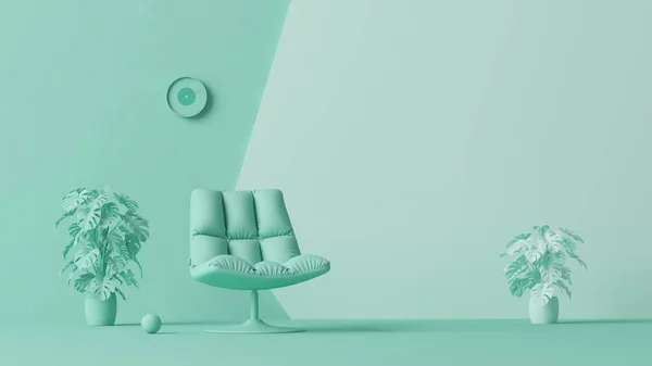 家具や客室の付属品とプレーンモノクロパステルグリーンの色で部屋のインテリア コピースペース付きの明るい背景 ウェブページ プレゼンテーション または画像フレームの背景の3Dレンダリング — ストック写真