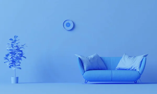 Interior Habitación Color Azul Monocromo Liso Con Sofá Cerradura Maceta — Foto de Stock