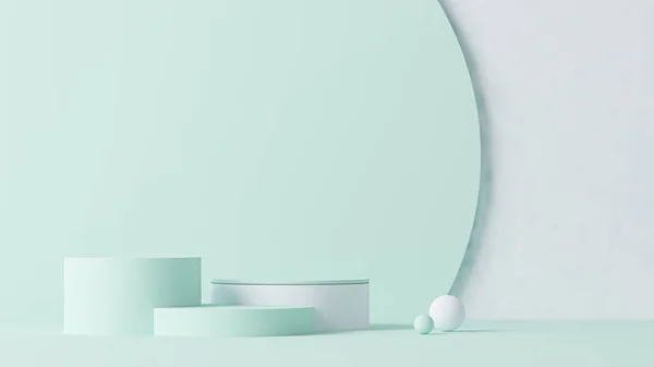 Yuvarlak podyumlu ve soyut arkaplanlı minimal sahne. Pastel yeşil ve beyaz renkler sahnesi. Sosyal medya afişleri, tanıtım ve kozmetik ürünler için 3D moda. Geometrik şekiller iç kısımda.