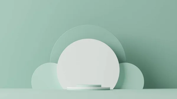 Yuvarlak podyumlu ve soyut arkaplanlı minimal sahne. Pastel yeşil ve beyaz renkler sahnesi. Sosyal medya afişleri, tanıtım ve kozmetik ürünler için 3D moda. Geometrik şekiller iç kısımda.