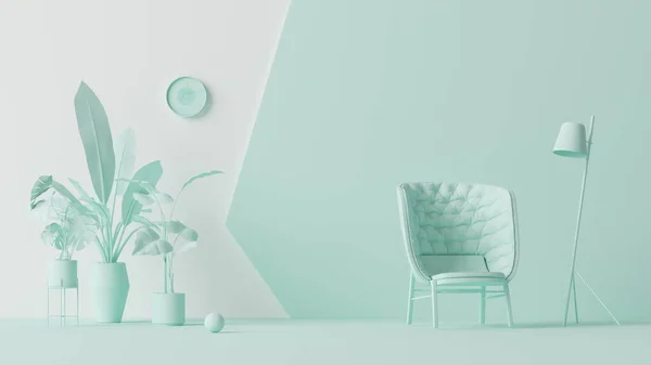 Interior of the room in plain monochrome pastel green color with furnitures and room accessories. Light background with copy space. 3D rendering for web page, presentation or picture frame backgrounds.