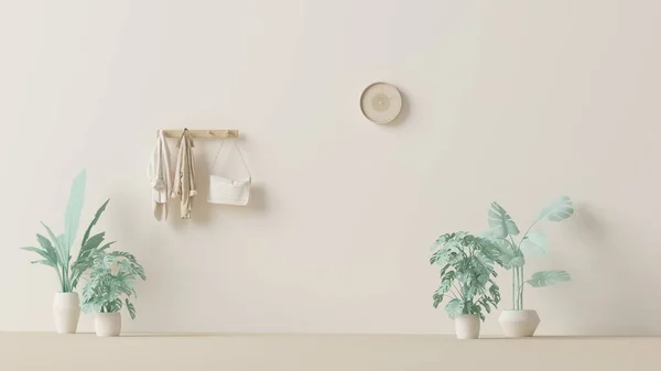 Odanın içi tek renkli pastel bej rengi, mobilya ve oda aksesuarlarıyla dolu. Kopyalama alanı olan ışık arkaplanı. Web sayfası, sunum, resim çerçevesi arkaplanı için 3B hazırlama.