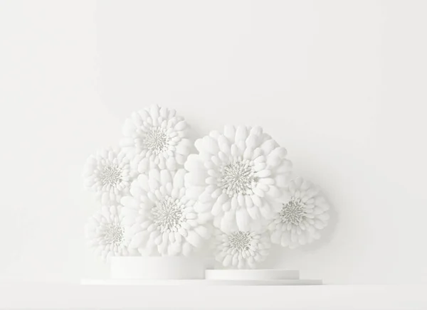 Çiçek dekoru, podyum ve soyut arkaplanı olan minimal bir sahne. Beyaz renkler sahnesi. Sosyal medya afişleri, promosyon, kozmetik ürün şovu, moda sahnesi için 3D modaName.