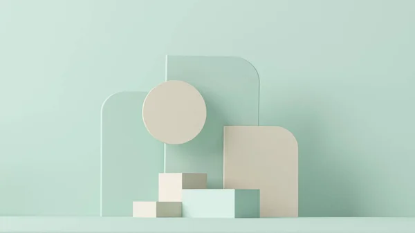 Podyum ve soyut arkaplanı olan en küçük sahne. Pastel mavisi ve krem rengi sahne. Sosyal medya afişleri, tanıtım ve kozmetik ürünler için 3D moda. Geometrik şekiller iç kısımda.