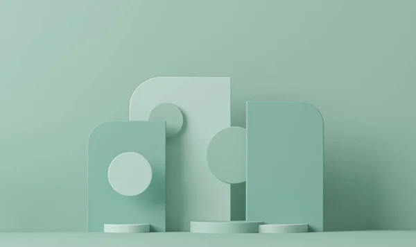 Minimal scene with podium and abstract background. Pastel blue and green colors scene. Trendy 3d render for social media banners, promotion, cosmetic product show. Geometric shapes interior.