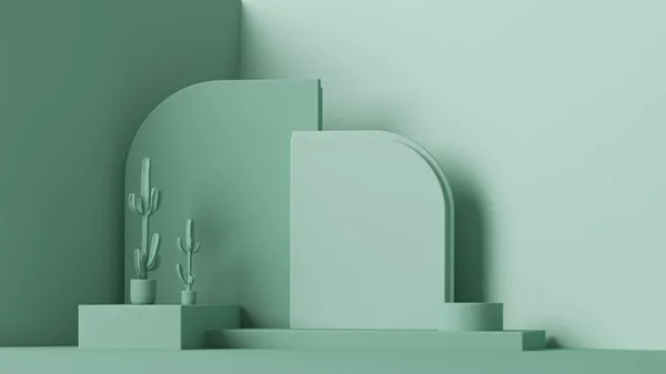 表彰台と抽象的な背景を持つ最小限のシーン パステルブルーとグリーンのシーン ソーシャルメディアバナー プロモーション 化粧品製品ショーのためのトレンディな3Dレンダリング 幾何学的形状室内 — ストック写真