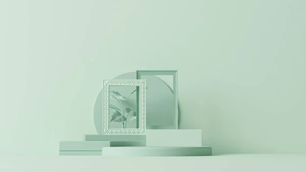 Minimální Scéna Geometrickými Tvary Pódii Rámem Pastelově Modrém Béžovém Pozadí — Stock fotografie