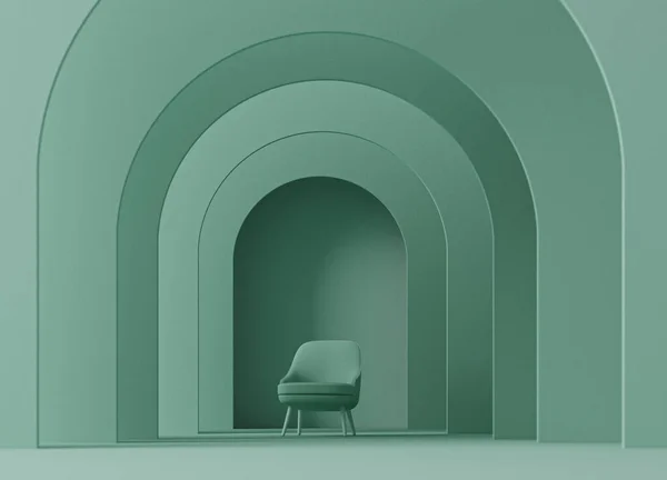 最小的舞台 有椅子和抽象的背景 柔和的蓝色和绿色 时尚3D渲染社交媒体横幅 化妆品展销会 内部几何形状 — 图库照片