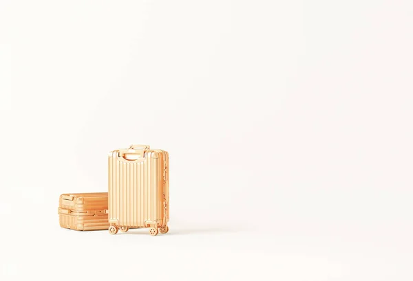 金色行李袋 带有奶油背景的客舱行李 旅行夏季的概念 时尚的度假手提箱 游客背景 文字空间 3D渲染 旅游概念设计 — 图库照片