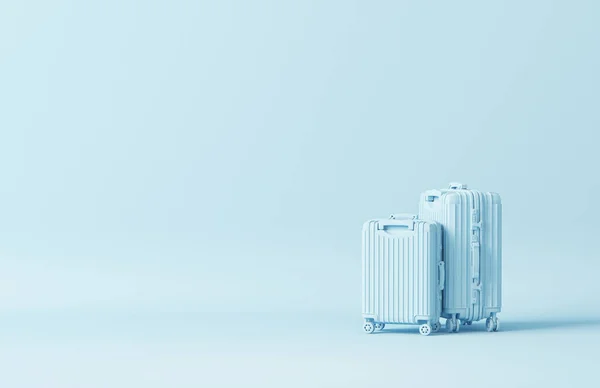 行李袋 包扎蓝色背景的小木屋行李 夏天旅行的概念 时尚的度假手提箱 游客背景 文字空间 3D渲染 旅游概念设计 — 图库照片