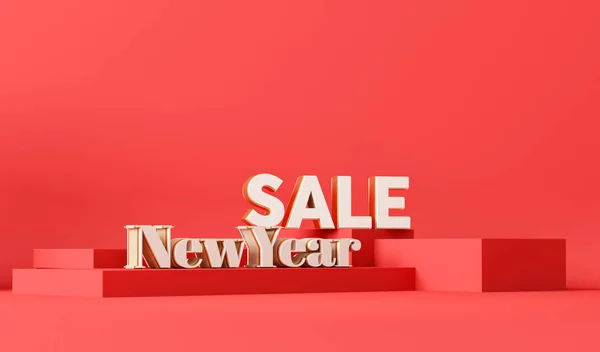 Minimal Stage Podium Red Background Concept Happy New Year Sale — Stock Photo, Image