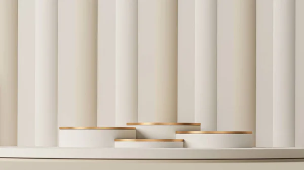Podyum ve soyut arkaplanı olan minimum bir sahne. Pastel krem ve altın rengi. Sosyal medya afişleri, promosyon, kozmetik fuarı için 3D moda. İç geometrik şekiller.