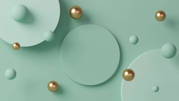 Havada asılı duran toplar, podyum ve soyut arkaplan sahneleri. Pastel mavi ve altın rengi sahne. Sosyal medya afişleri, tanıtım ve kozmetik ürünler için 3D moda. Üst görünüm.