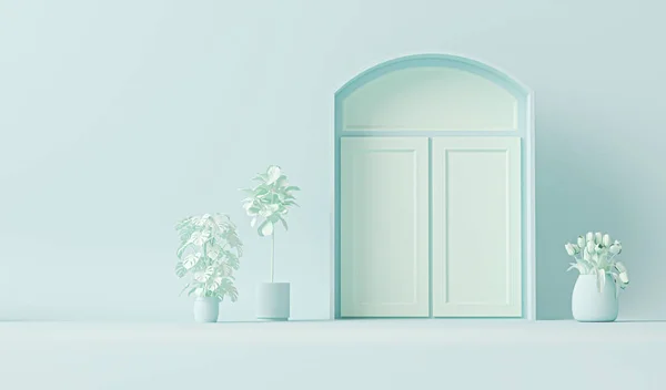 Dveře Okna Rostlinný Koncept Obyčejné Monochromatické Pastelové Modré Barvě Světlé — Stock fotografie