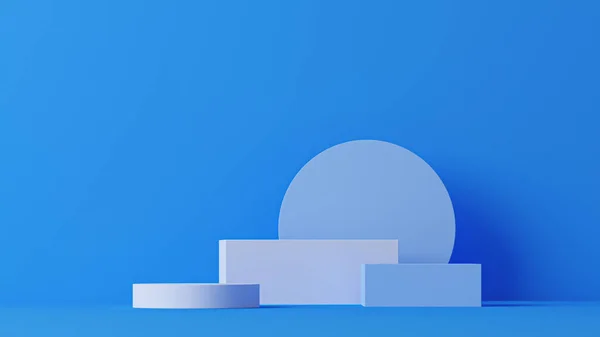 Podyum ve soyut arkaplanı olan en küçük sahne. Pastel mavi renk sahnesi. Sosyal medya afişleri, tanıtım ve kozmetik ürünler için 3D moda. Geometrik şekiller iç kısımda.