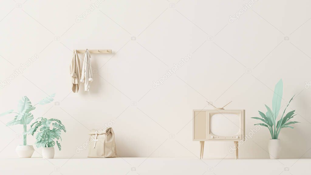Interior of the room in plain monochrome pastel beige color with furnitures and room accessories. Light background with copy space. 3D rendering for web page, presentation, picture frame backgrounds.