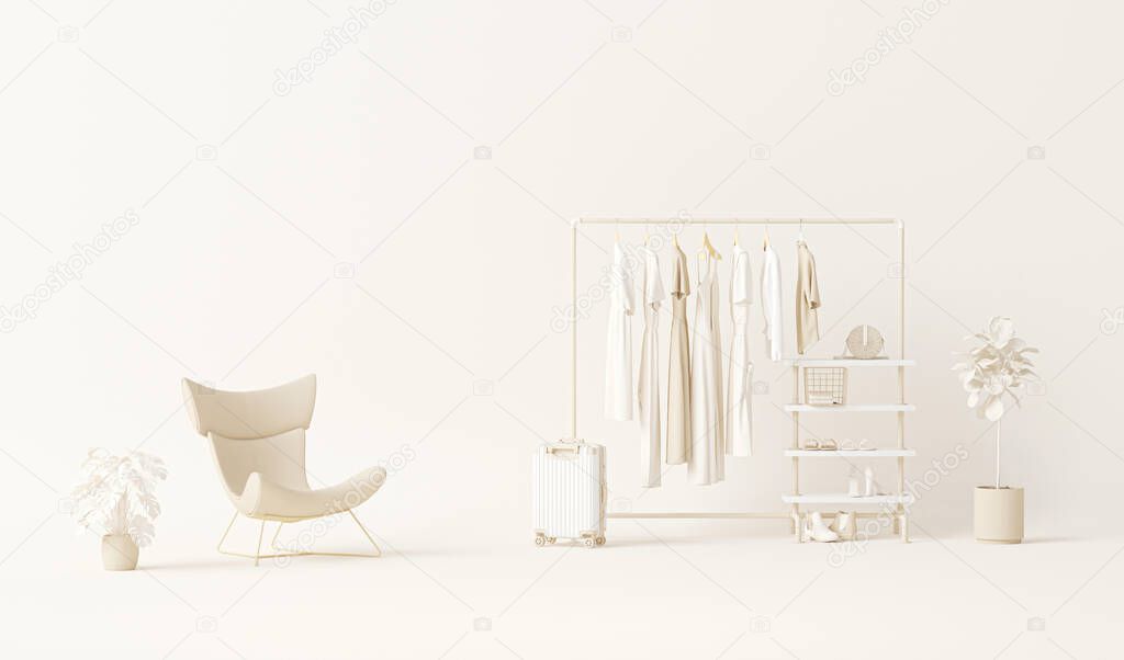Clothes on grunge background, shelf and plants pot, chair, luggage on cream background. Collection of clothes hanging on a rack in neutral beige colors. 3d rendering, store and bedroom concept
