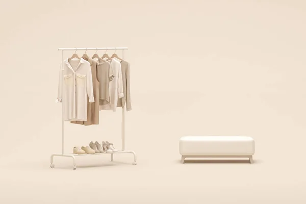 ハンガーに衣類 クリームの背景に収納棚 ニュートラルベージュ色のラックにぶら下がって服のコレクション 3Dレンダリング ショッピングストアとベッドルームのコンセプト — ストック写真