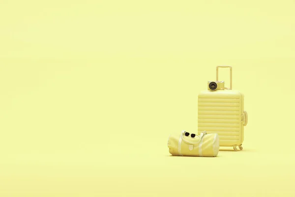夏天旅行的概念 白色行李箱 装有眼镜 米色鞋子 流行3D渲染为社交媒体横幅 夏天到了 — 图库照片