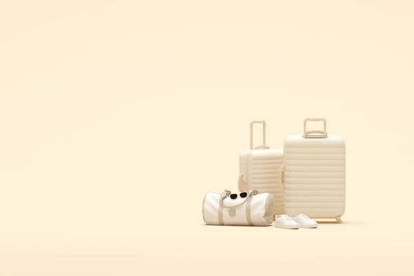 夏天旅行的概念 白色行李箱 装有眼镜 米色鞋子 流行3D渲染为社交媒体横幅 夏天到了 — 图库照片