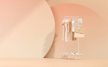 Pastel bej ve mercan pembesi renginde güneş gölgesinde asılı elbiseler. 3D görüntüleme, depolama ve yatak odası konsepti